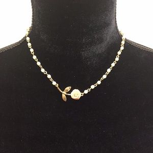 LC Signed Gold Tone Faux Pearl Pink Rose Necklace